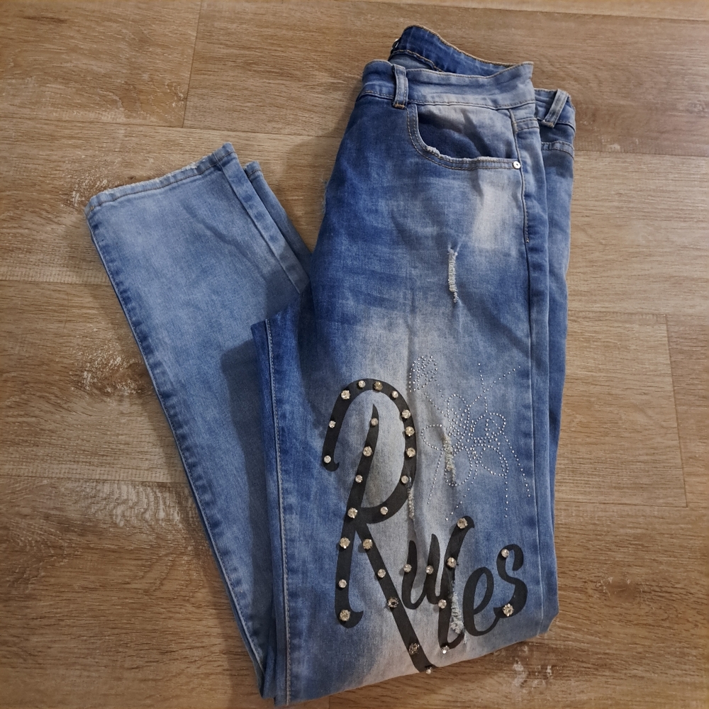 Blue Topic Denim Distressed Jeans 'No Rules' Design Diamond Studs Size 13/14